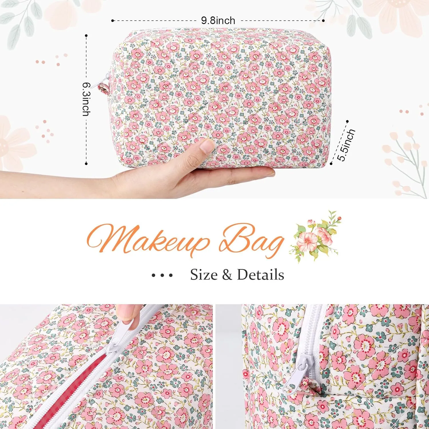 Floral Makeup Bag Quilted Cosmetic Bag Cute Puffy Coquette Makeup pouch Aesthetic Large Travel Toiletry Bag Organizer cotton Makeup Brushes Storage Bag for Women