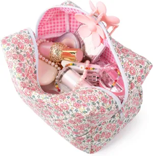 Floral Makeup Bag Quilted Cosmetic Bag Cute Puffy Coquette Makeup pouch Aesthetic Large Travel Toiletry Bag Organizer cotton Makeup Brushes Storage Bag for Women