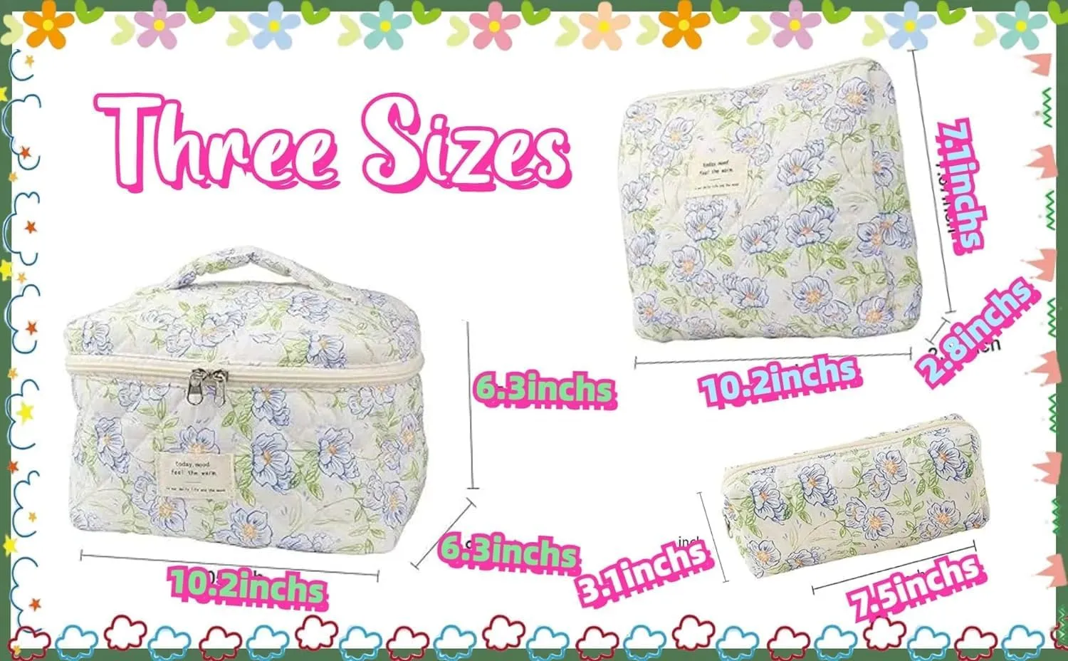 Floral Quilted Makeup Bag Set for Women Aesthetic Travel Large Cute Cosmetic Toiletry Pouch Lightweight Cotton Tote Purse Organizer Insert Valentines_Gifts for Her, c01 (3PCS#02Green Leave)