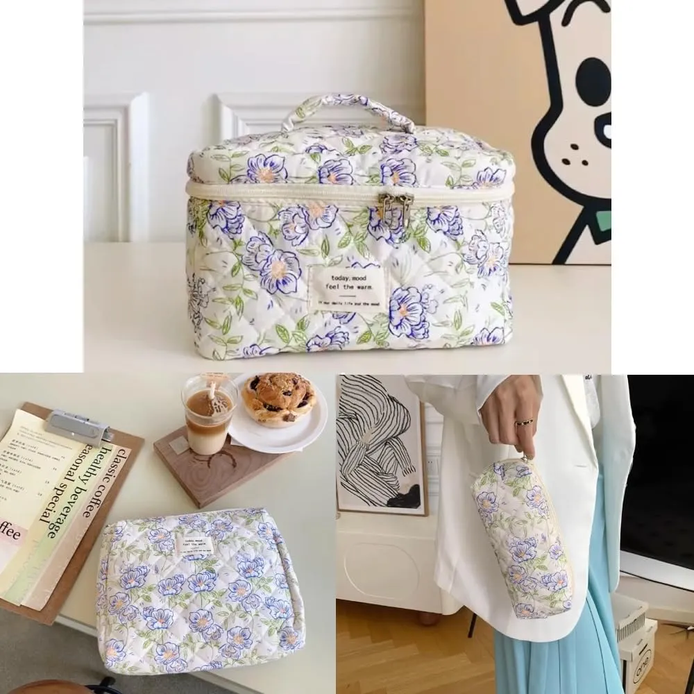 Floral Quilted Makeup Bag Set for Women Aesthetic Travel Large Cute Cosmetic Toiletry Pouch Lightweight Cotton Tote Purse Organizer Insert Valentines_Gifts for Her, c01 (3PCS#02Green Leave)