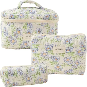 Floral Quilted Makeup Bag Set for Women Aesthetic Travel Large Cute Cosmetic Toiletry Pouch Lightweight Cotton Tote Purse Organizer Insert Valentines_Gifts for Her, c01 (3PCS#02Green Leave)