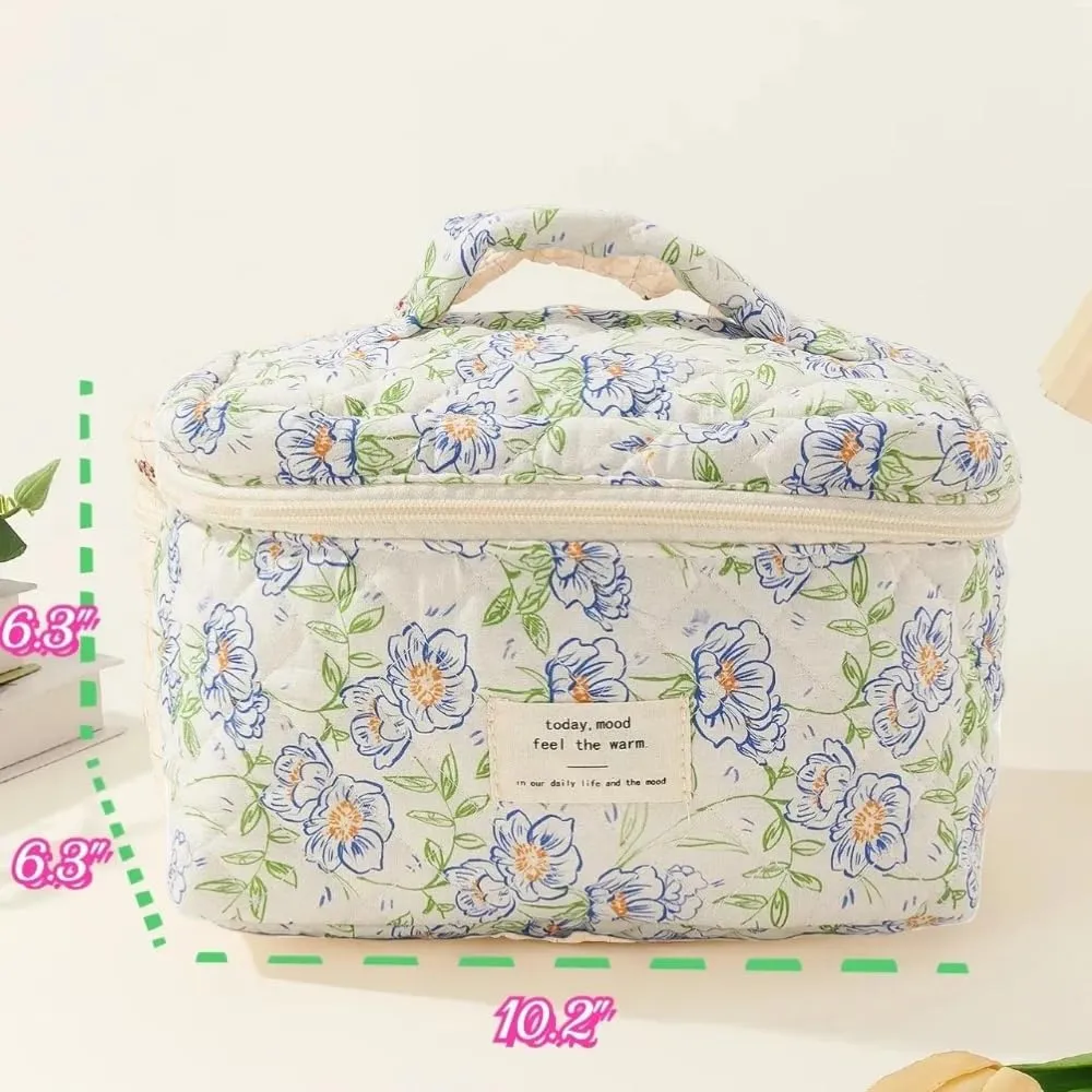 Floral Quilted Makeup Bag Set for Women Aesthetic Travel Large Cute Cosmetic Toiletry Pouch Lightweight Cotton Tote Purse Organizer Insert Valentines_Gifts for Her, c01 (3PCS#02Green Leave)