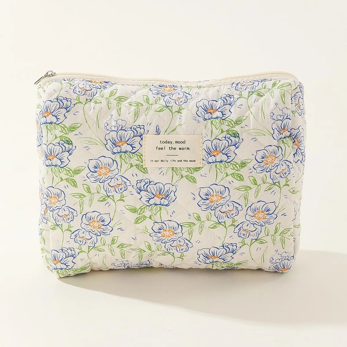 Floral Quilted Makeup Bag Set for Women Aesthetic Travel Large Cute Cosmetic Toiletry Pouch Lightweight Cotton Tote Purse Organizer Insert Valentines_Gifts for Her, c01 (3PCS#02Green Leave)