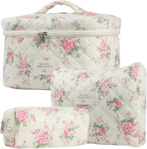 Floral Quilted Makeup Bag Set for Women Aesthetic Travel Large Cute Cosmetic Toiletry Pouch Lightweight Cotton Tote Purse Organizer Insert Valentines_Gifts for Her, c01 (3PCS#07Pink Flower)