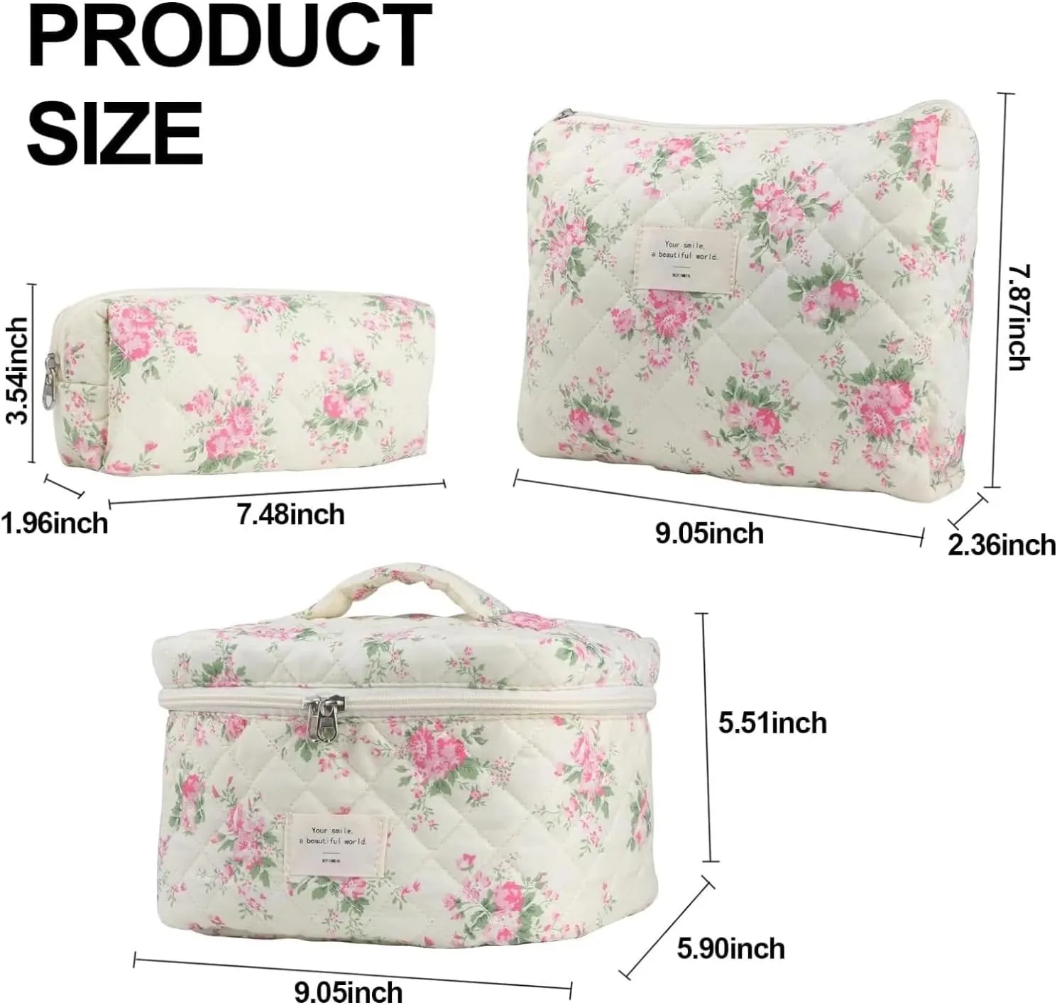 Floral Quilted Makeup Bag Set for Women Aesthetic Travel Large Cute Cosmetic Toiletry Pouch Lightweight Cotton Tote Purse Organizer Insert Valentines_Gifts for Her, c01 (3PCS#07Pink Flower)