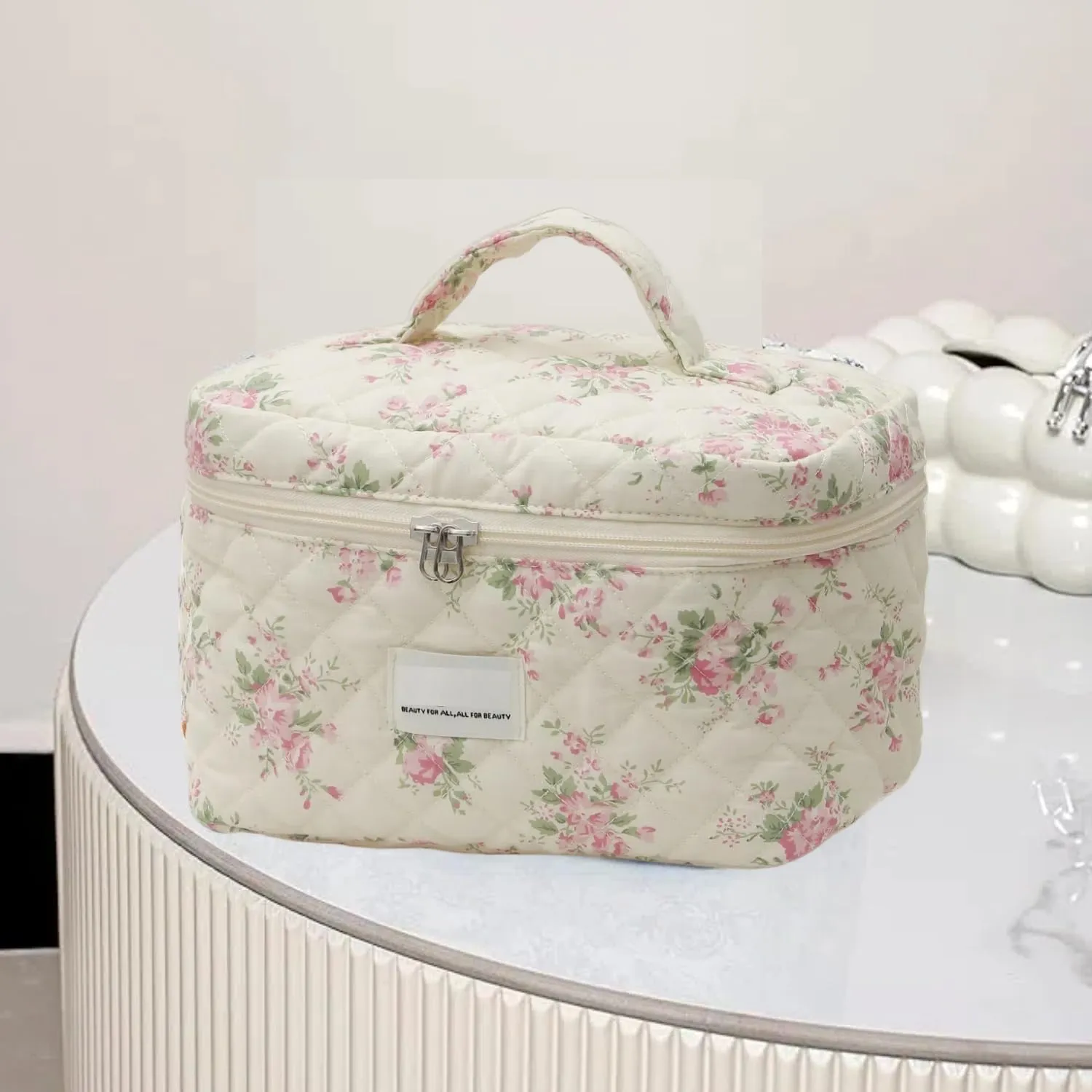 Floral Quilted Makeup Bag Set for Women Aesthetic Travel Large Cute Cosmetic Toiletry Pouch Lightweight Cotton Tote Purse Organizer Insert Valentines_Gifts for Her, c01 (3PCS#07Pink Flower)