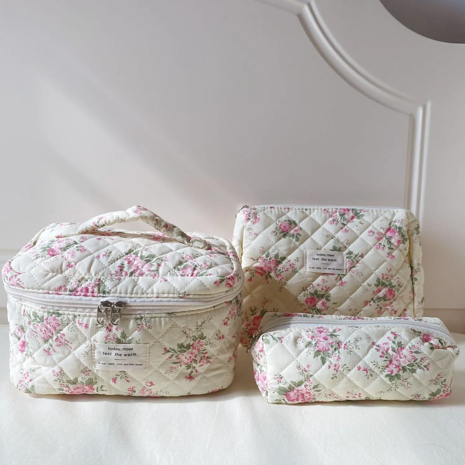 Floral Quilted Makeup Bag Set for Women Aesthetic Travel Large Cute Cosmetic Toiletry Pouch Lightweight Cotton Tote Purse Organizer Insert Valentines_Gifts for Her, c01 (3PCS#07Pink Flower)