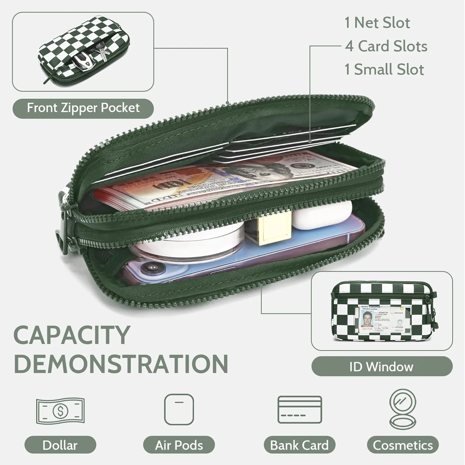 FODOKO Wristlet wallets for women Nylon Quilted Wallet with 4 Zippers,Travel Credit Card,Holder Cell Phone Organizer,coin purse