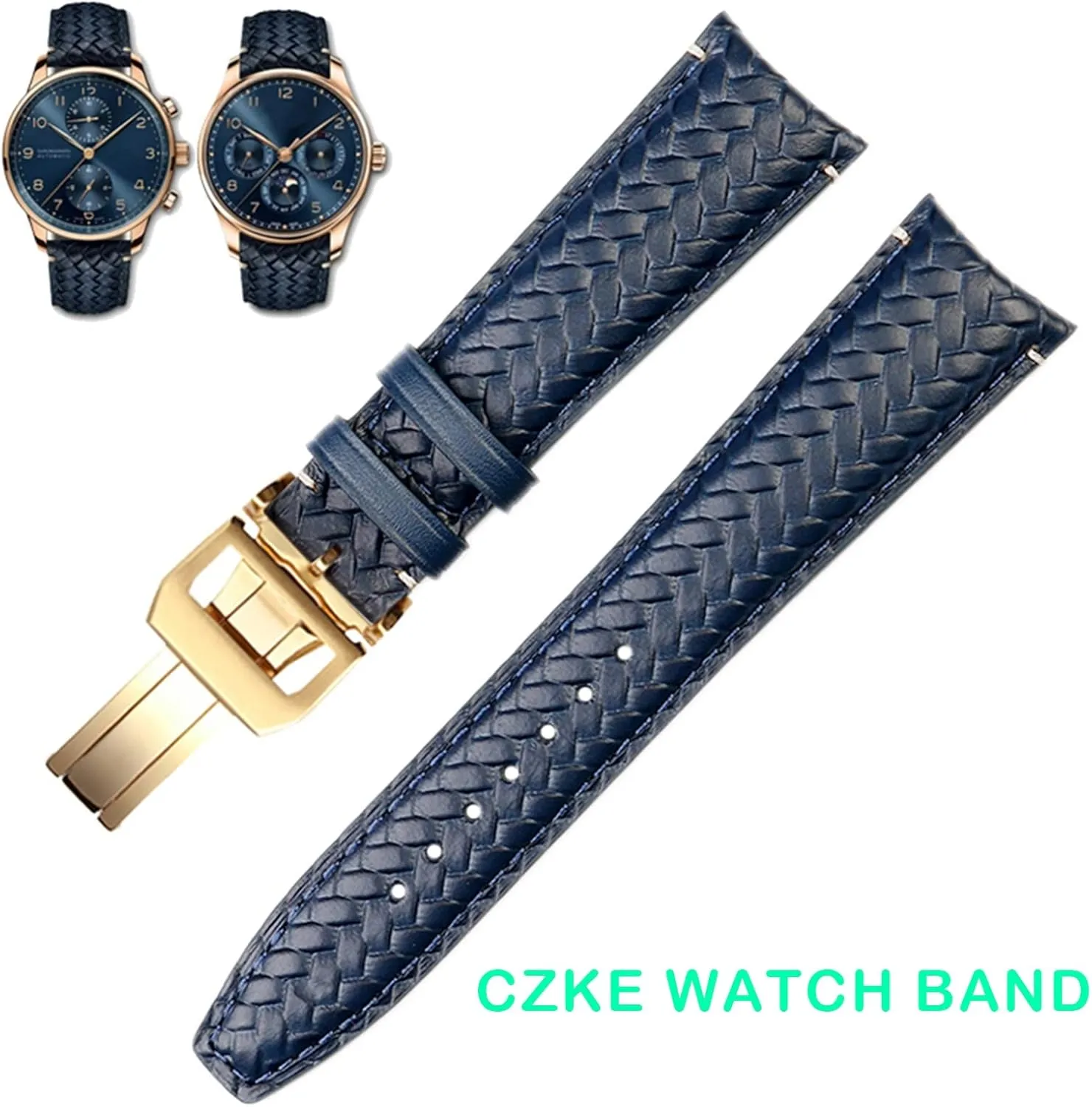 For IWC IW344205 Portuguese Chronograph Pilot Portofino Folding Buckle Strap 22mm Woven Cowhide Leather Watchband
