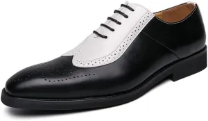 Formal Shoes for Men Lace Up Two Tone Square Toe Brogue Embossed Wing tip Vegan Leather Block Heel Low Top Anti-Slip Slip Resistant Rubber Sole Suitable for Many Occasions