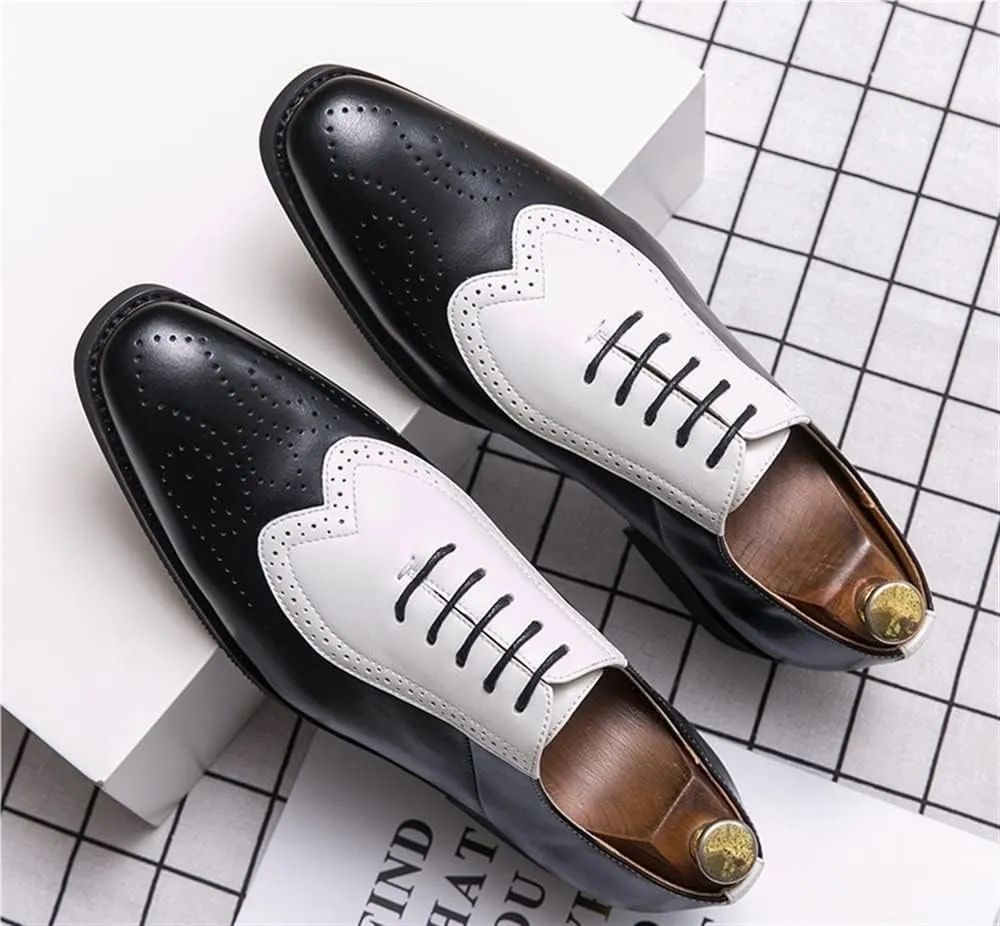 Formal Shoes for Men Lace Up Two Tone Square Toe Brogue Embossed Wing tip Vegan Leather Block Heel Low Top Anti-Slip Slip Resistant Rubber Sole Suitable for Many Occasions