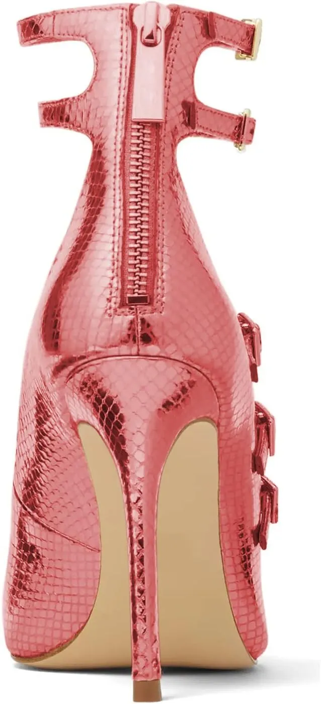 FOWT Chic Snakeskin Double Ankle Strap Gold Pumps for Woman Fashion Shallow Pointed Toe Stiletto Heels Retro Mary Janes Dance Party Evening Shoes, US Size 4-16 M
