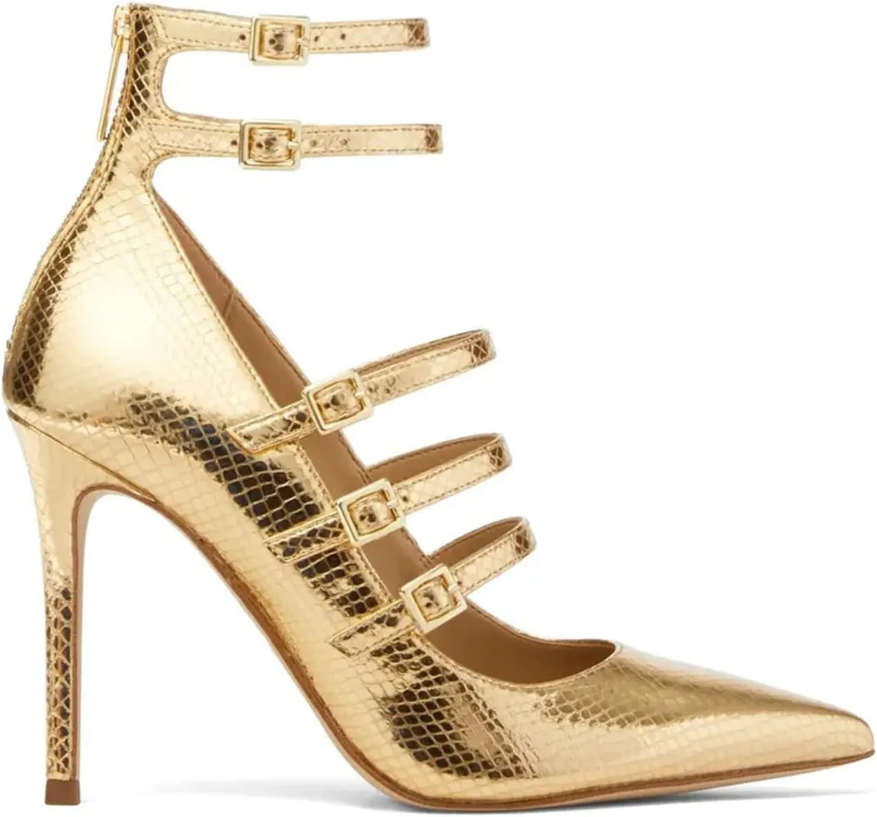 FOWT Chic Snakeskin Double Ankle Strap Gold Pumps for Woman Fashion Shallow Pointed Toe Stiletto Heels Retro Mary Janes Dance Party Evening Shoes, US Size 4-16 M