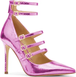 FOWT Chic Snakeskin Double Ankle Strap Gold Pumps for Woman Fashion Shallow Pointed Toe Stiletto Heels Retro Mary Janes Dance Party Evening Shoes, US Size 4-16 M