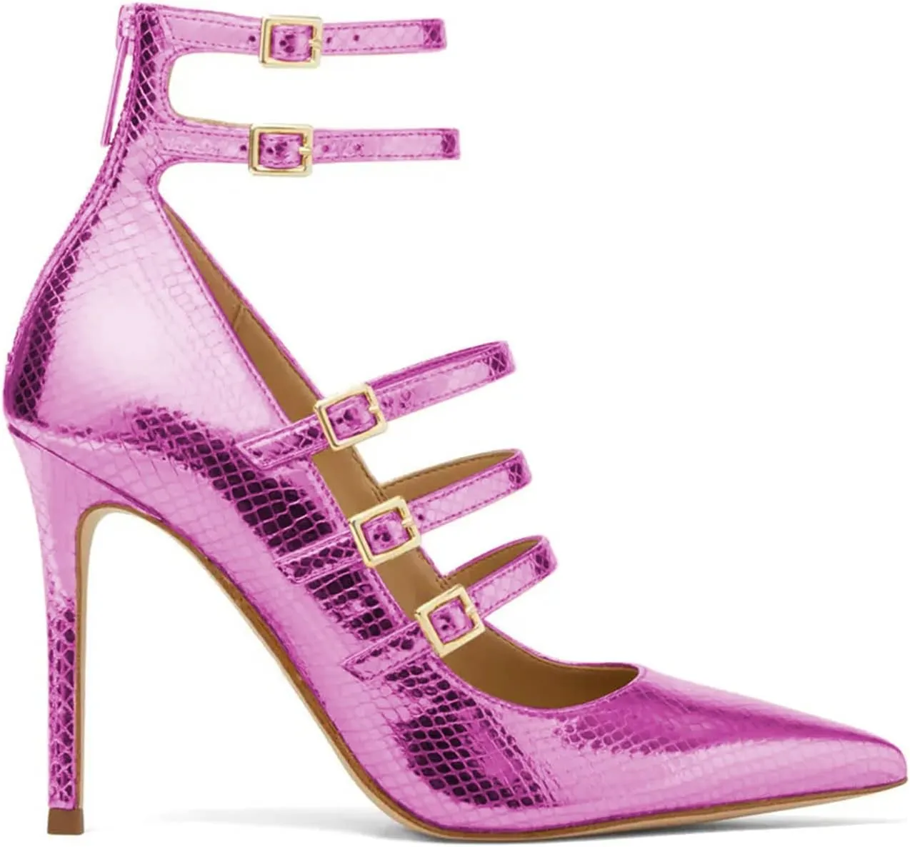 FOWT Chic Snakeskin Double Ankle Strap Gold Pumps for Woman Fashion Shallow Pointed Toe Stiletto Heels Retro Mary Janes Dance Party Evening Shoes, US Size 4-16 M