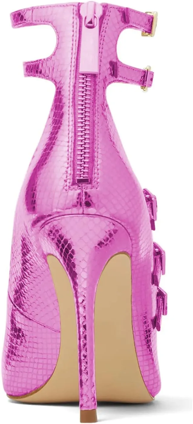 FOWT Chic Snakeskin Double Ankle Strap Gold Pumps for Woman Fashion Shallow Pointed Toe Stiletto Heels Retro Mary Janes Dance Party Evening Shoes, US Size 4-16 M