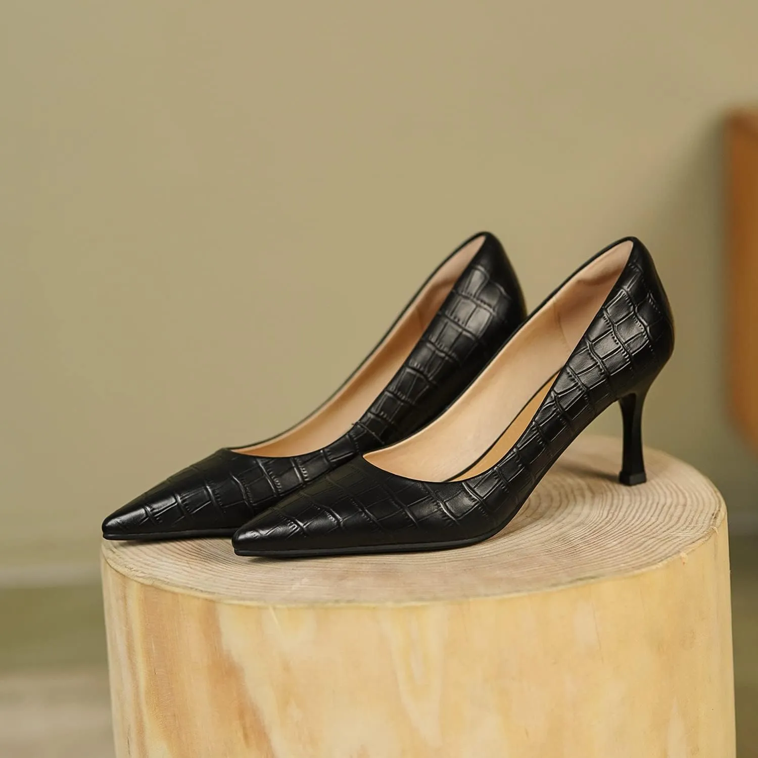 FOWT Simple Solid Croc-Embossed Pointed Toe Pumps Women Dressy Slip on Thin High Heels Sexy Shallow Party Evening Dance Shoes US Size 4-16