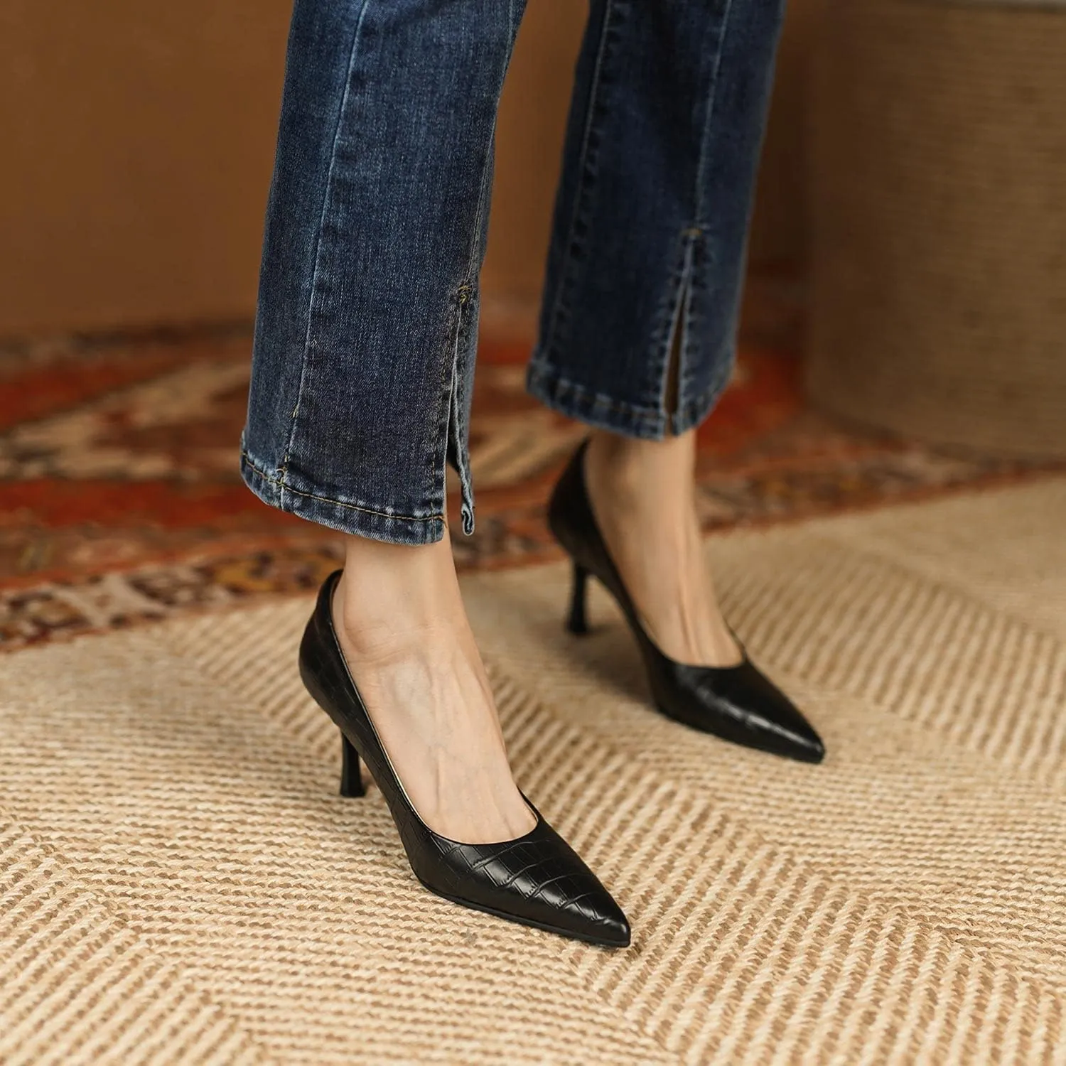 FOWT Simple Solid Croc-Embossed Pointed Toe Pumps Women Dressy Slip on Thin High Heels Sexy Shallow Party Evening Dance Shoes US Size 4-16
