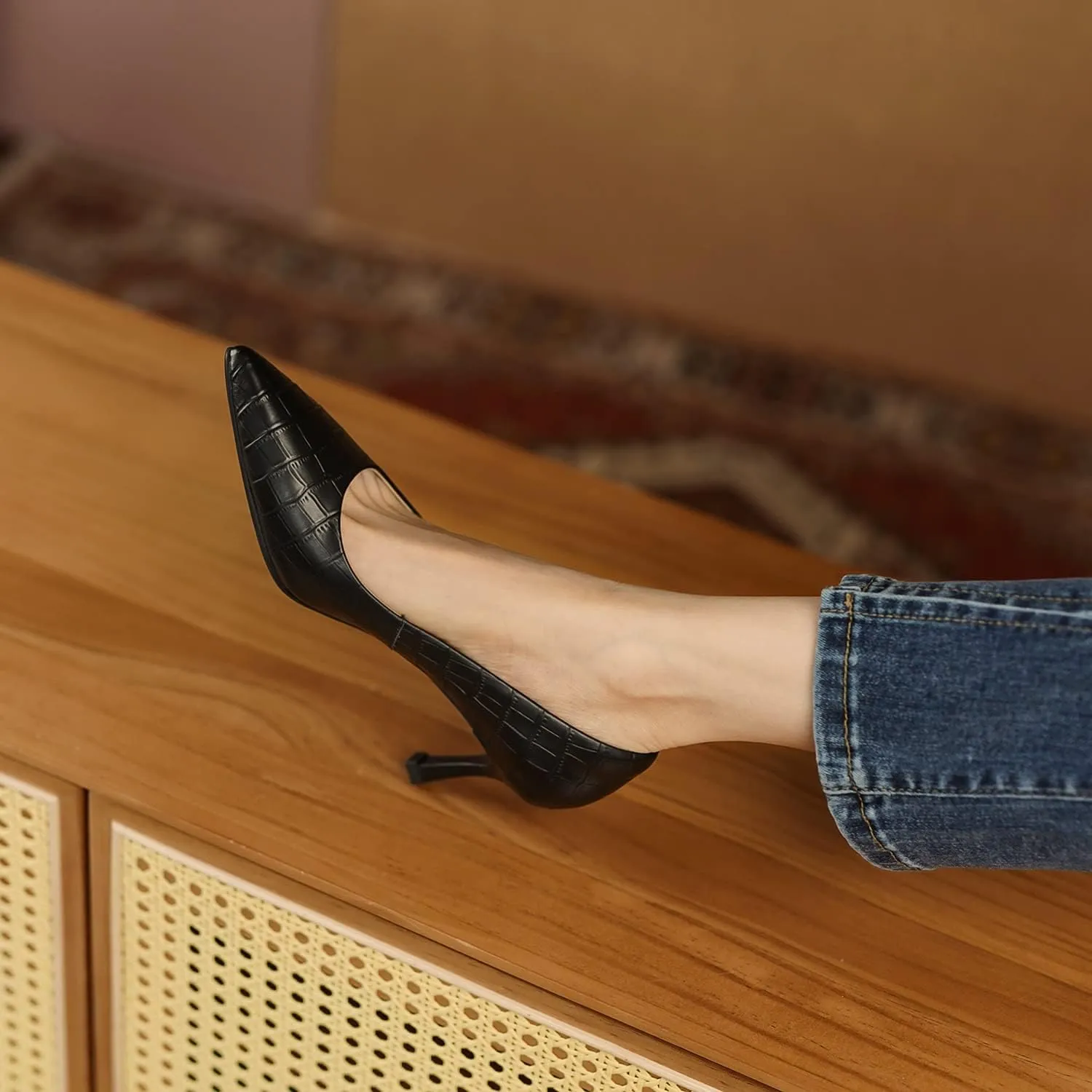 FOWT Simple Solid Croc-Embossed Pointed Toe Pumps Women Dressy Slip on Thin High Heels Sexy Shallow Party Evening Dance Shoes US Size 4-16