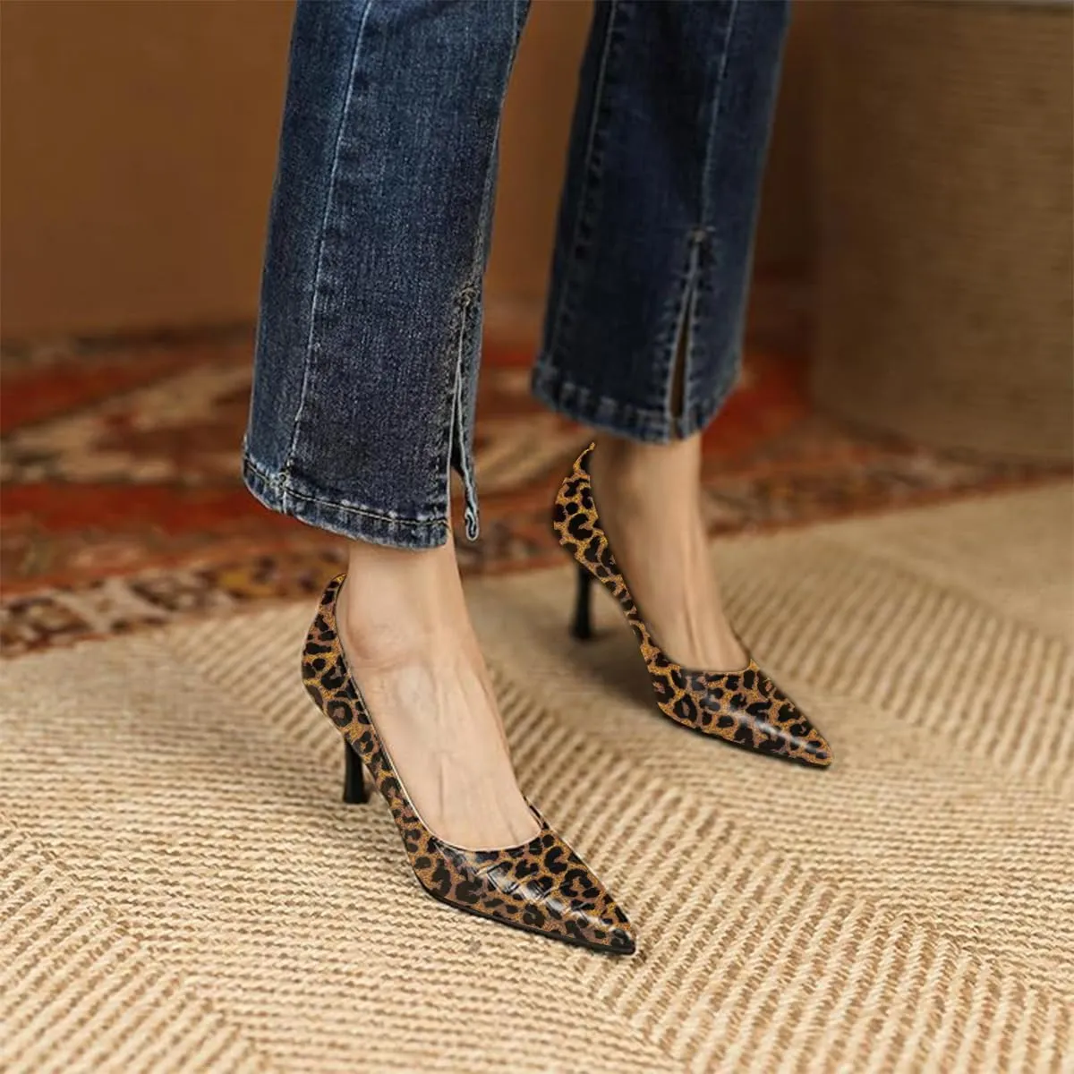 FOWT Simple Solid Croc-Embossed Pointed Toe Pumps Women Dressy Slip on Thin High Heels Sexy Shallow Party Evening Dance Shoes US Size 4-16