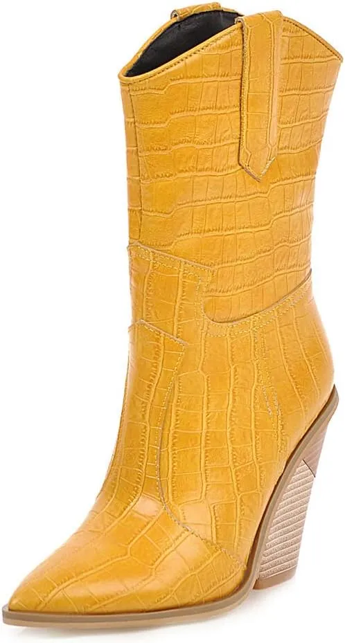 FOWT Women’s Crocodile Embossed Knee High Cowgirls Boots High Stacked Heels Wedge Long Booties Pull On Cowboy Bootie Pointed Toe Shoes Winter Fall Warm Work Daily Shoes Size 6-12 US