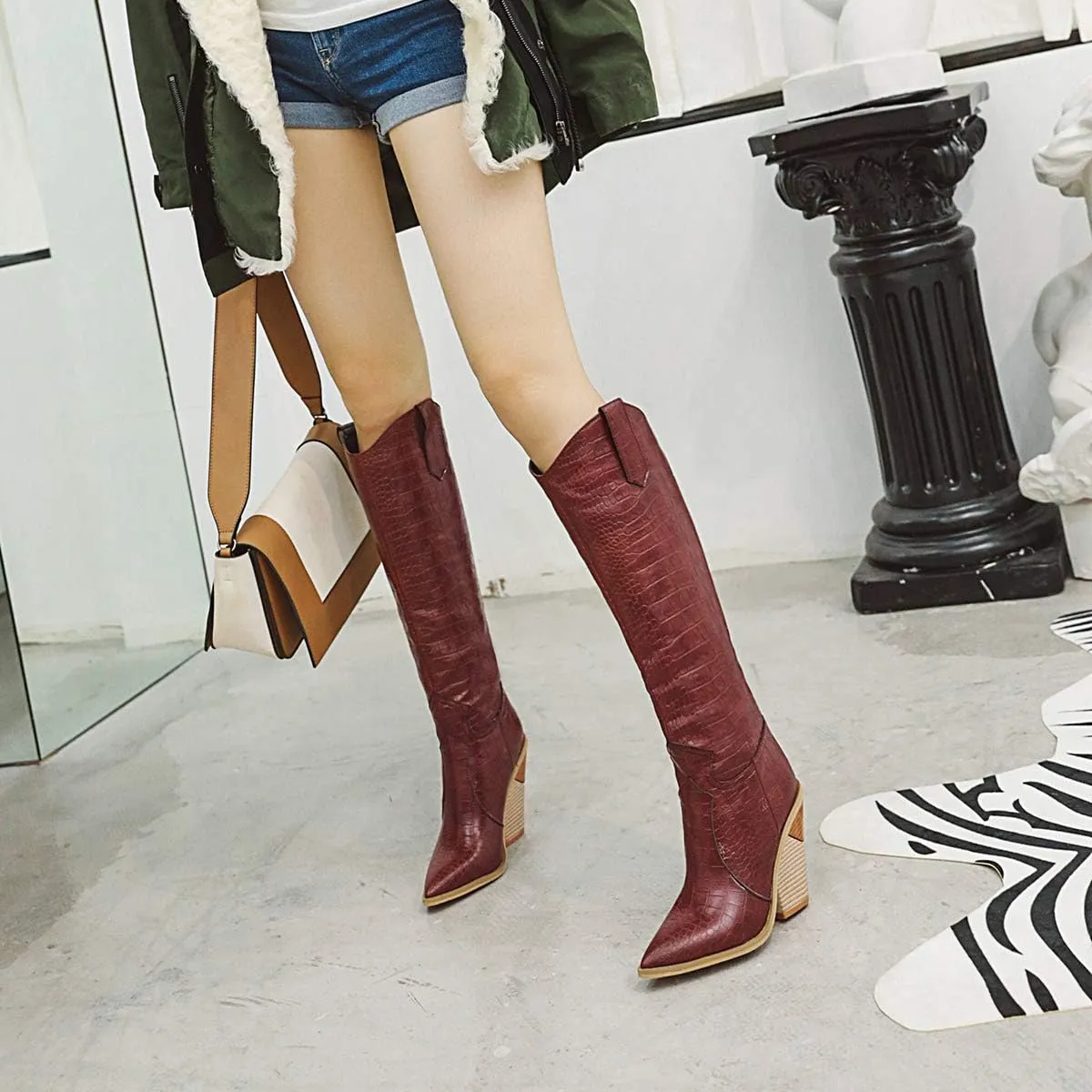 FOWT Women’s Crocodile Embossed Knee High Cowgirls Boots High Stacked Heels Wedge Long Booties Pull On Cowboy Bootie Pointed Toe Shoes Winter Fall Warm Work Daily Shoes Size 6-12 US