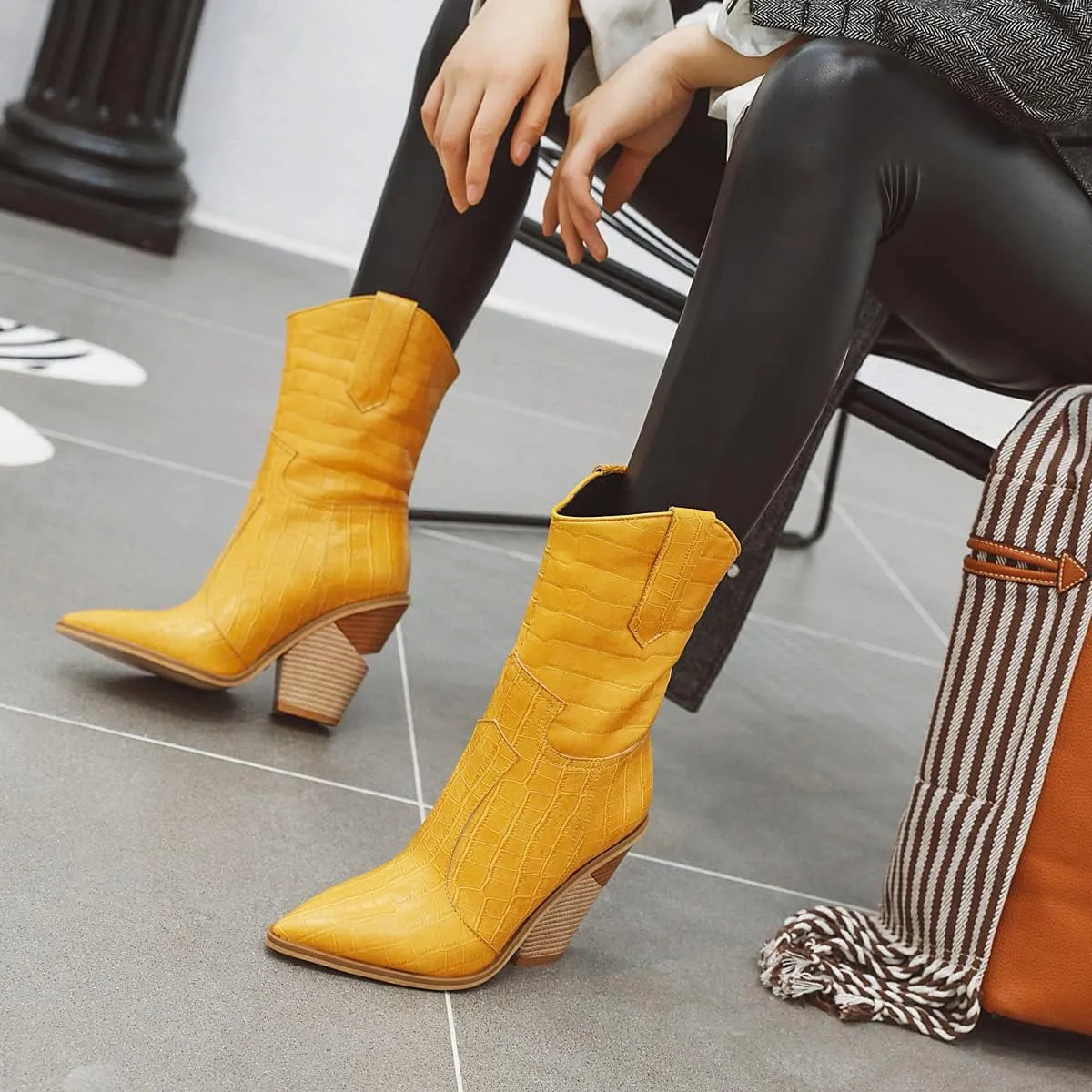 FOWT Women’s Crocodile Embossed Knee High Cowgirls Boots High Stacked Heels Wedge Long Booties Pull On Cowboy Bootie Pointed Toe Shoes Winter Fall Warm Work Daily Shoes Size 6-12 US