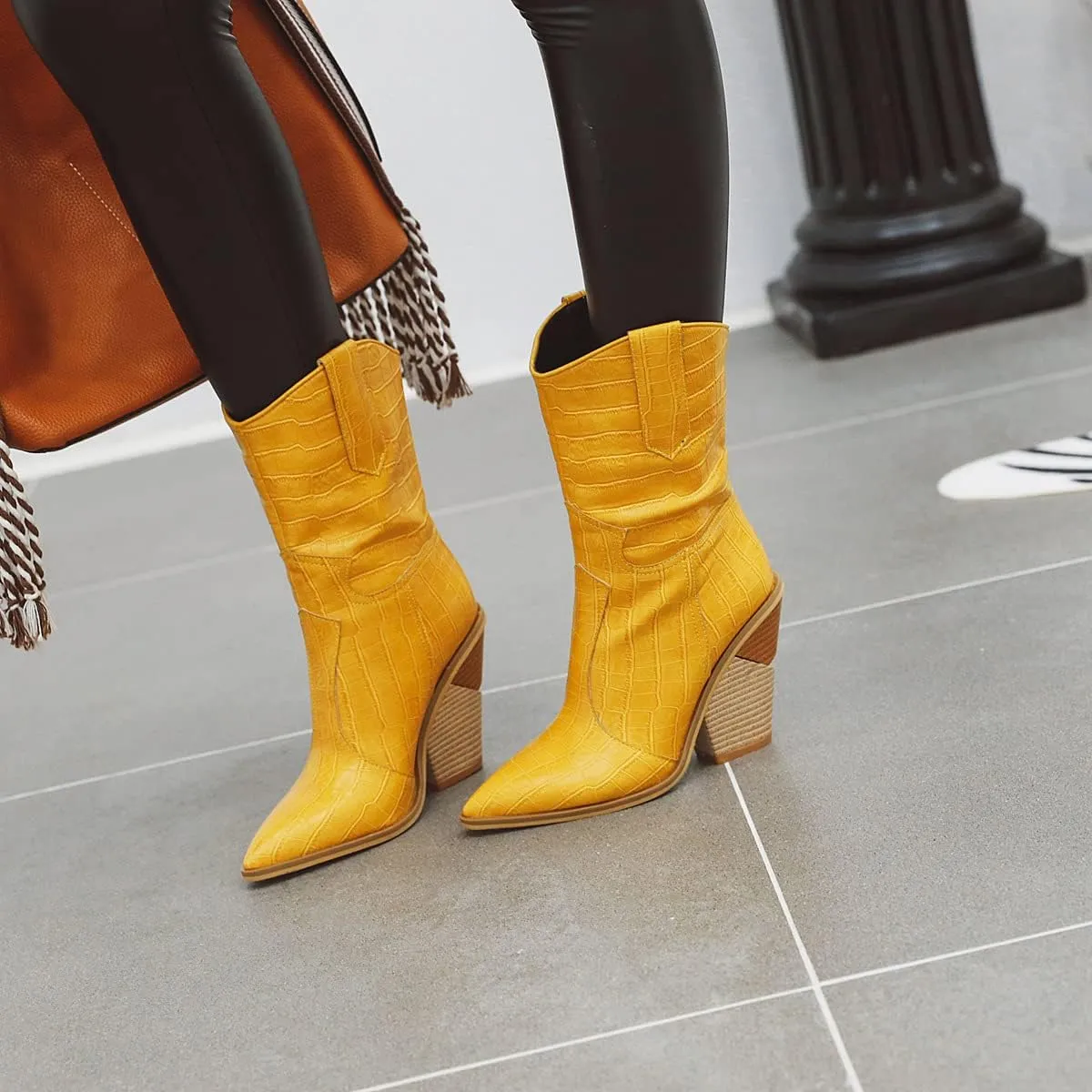 FOWT Women’s Crocodile Embossed Knee High Cowgirls Boots High Stacked Heels Wedge Long Booties Pull On Cowboy Bootie Pointed Toe Shoes Winter Fall Warm Work Daily Shoes Size 6-12 US