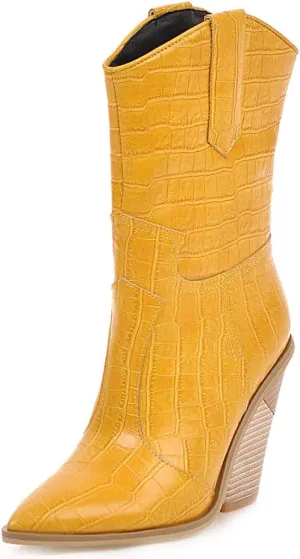 FOWT Women’s Crocodile Embossed Knee High Cowgirls Boots High Stacked Heels Wedge Long Booties Pull On Cowboy Bootie Pointed Toe Shoes Winter Fall Warm Work Daily Shoes Size 6-12 US