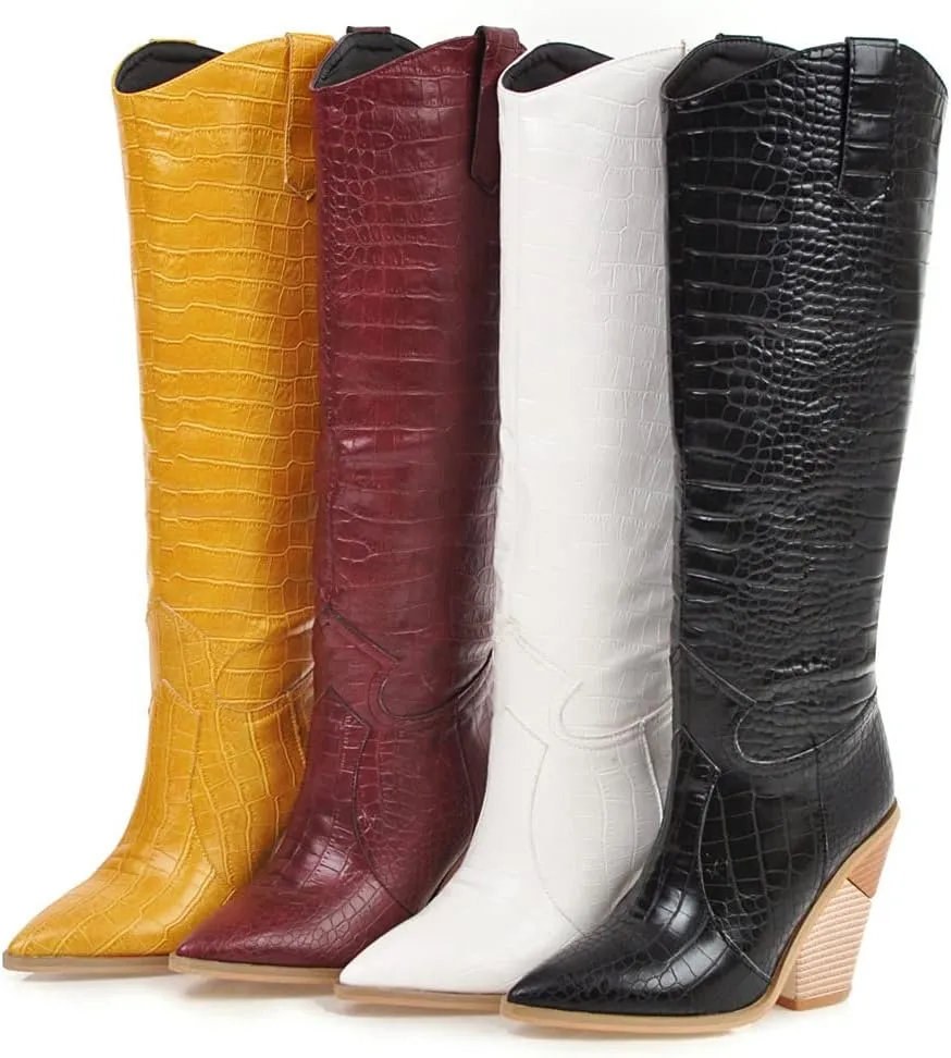 FOWT Women’s Crocodile Embossed Knee High Cowgirls Boots High Stacked Heels Wedge Long Booties Pull On Cowboy Bootie Pointed Toe Shoes Winter Fall Warm Work Daily Shoes Size 6-12 US