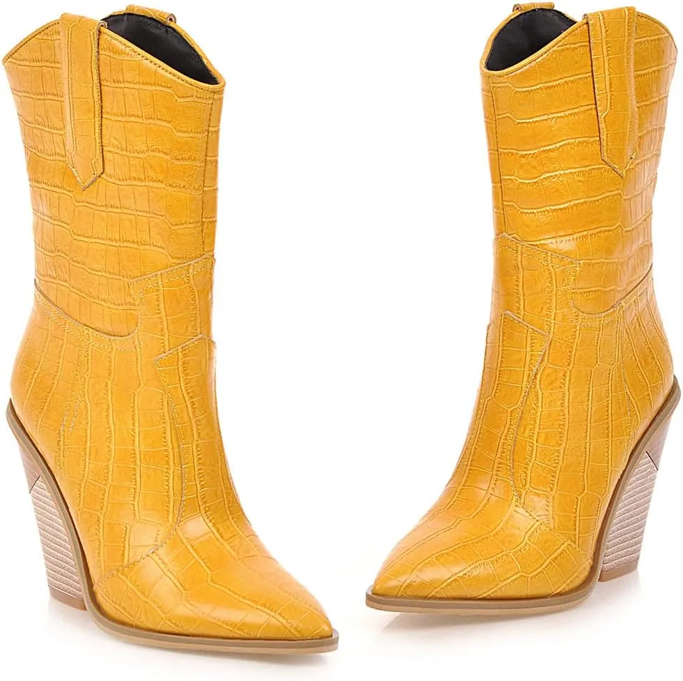 FOWT Women’s Crocodile Embossed Knee High Cowgirls Boots High Stacked Heels Wedge Long Booties Pull On Cowboy Bootie Pointed Toe Shoes Winter Fall Warm Work Daily Shoes Size 6-12 US