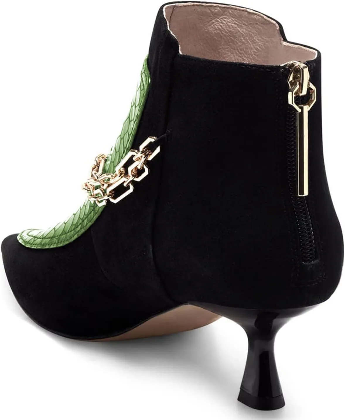 FOWT Women’s Crocodile Printing Ankle Booties with Golden Metal Chain Kitten Heels Bootie Back Zippers Sexy Pointed Two Toned Short Booties Dress Casual Office Size 4-16 US