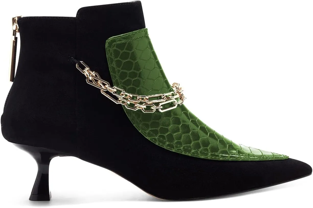 FOWT Women’s Crocodile Printing Ankle Booties with Golden Metal Chain Kitten Heels Bootie Back Zippers Sexy Pointed Two Toned Short Booties Dress Casual Office Size 4-16 US