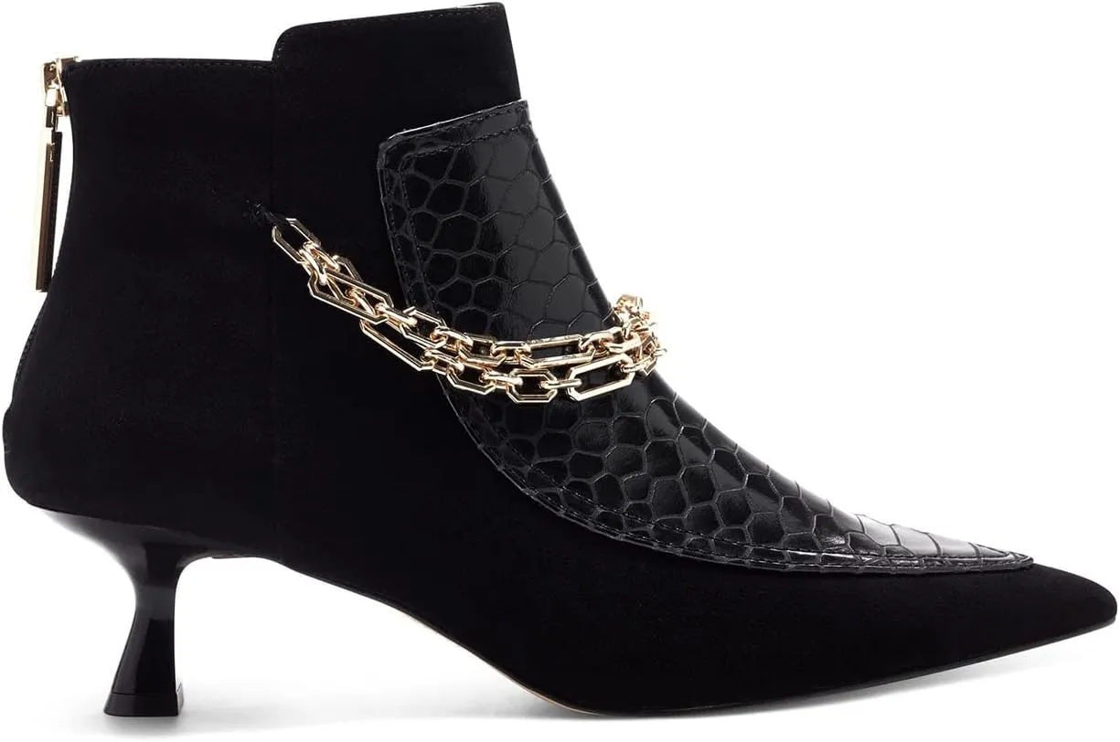 FOWT Women’s Crocodile Printing Ankle Booties with Golden Metal Chain Kitten Heels Bootie Back Zippers Sexy Pointed Two Toned Short Booties Dress Casual Office Size 4-16 US
