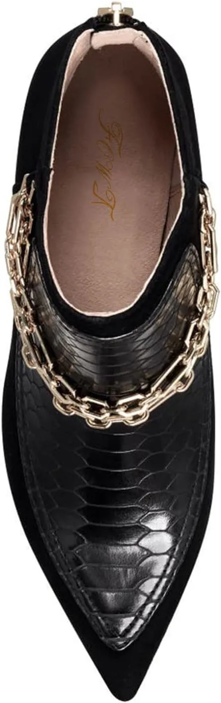 FOWT Women’s Crocodile Printing Ankle Booties with Golden Metal Chain Kitten Heels Bootie Back Zippers Sexy Pointed Two Toned Short Booties Dress Casual Office Size 4-16 US