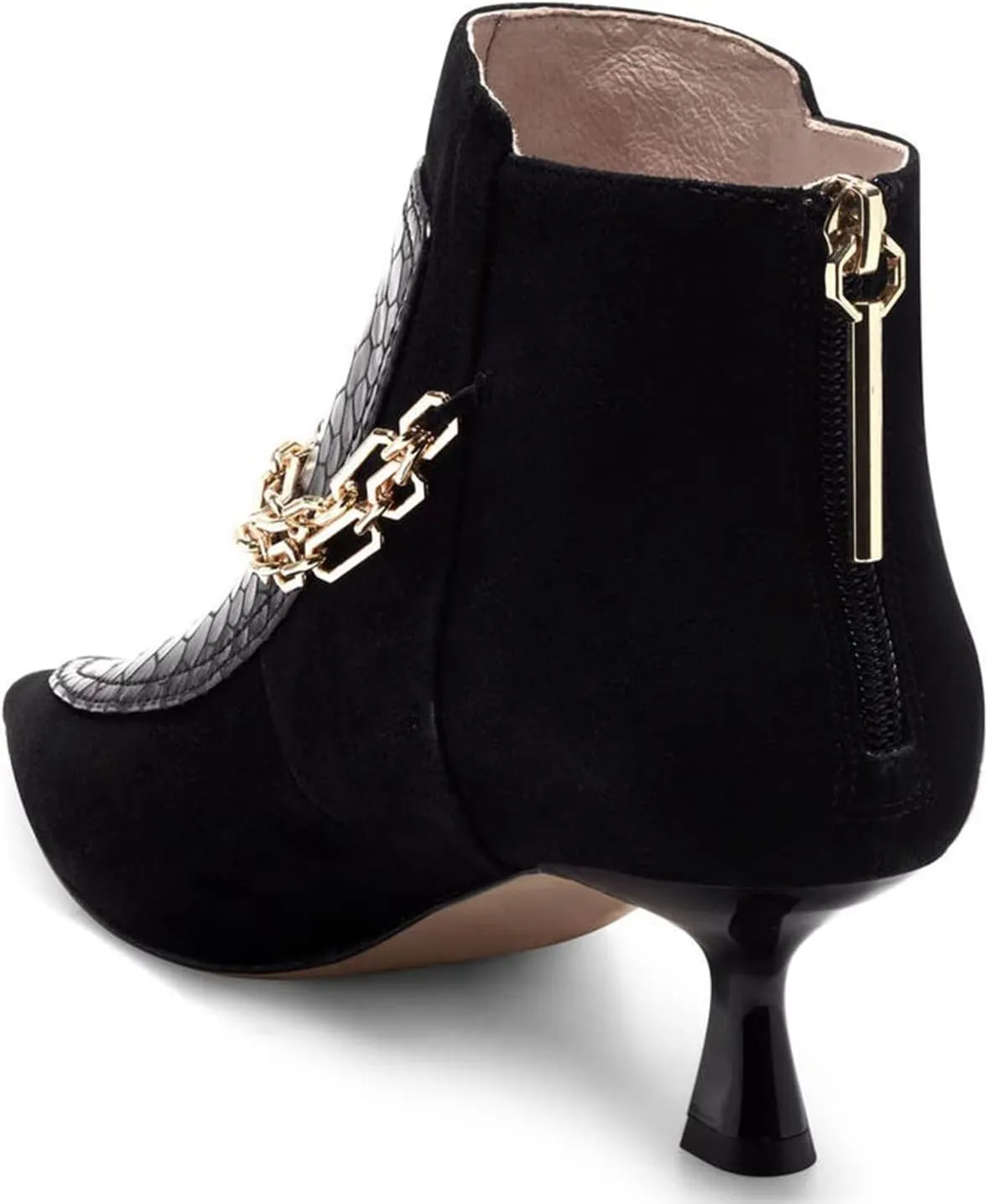 FOWT Women’s Crocodile Printing Ankle Booties with Golden Metal Chain Kitten Heels Bootie Back Zippers Sexy Pointed Two Toned Short Booties Dress Casual Office Size 4-16 US