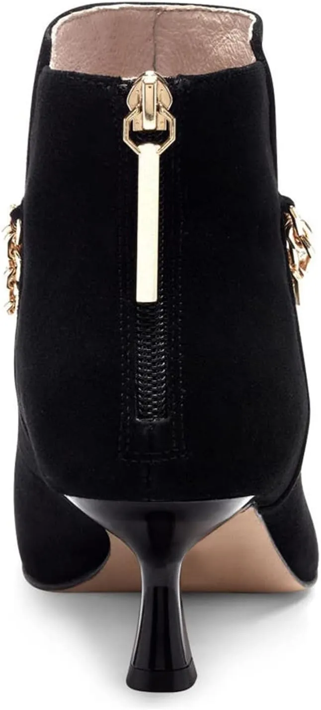 FOWT Women’s Crocodile Printing Ankle Booties with Golden Metal Chain Kitten Heels Bootie Back Zippers Sexy Pointed Two Toned Short Booties Dress Casual Office Size 4-16 US