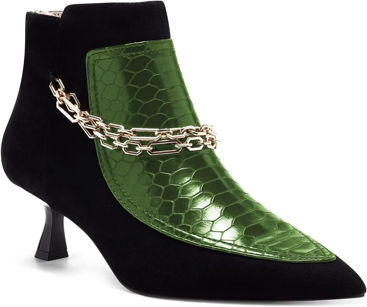 FOWT Women’s Crocodile Printing Ankle Booties with Golden Metal Chain Kitten Heels Bootie Back Zippers Sexy Pointed Two Toned Short Booties Dress Casual Office Size 4-16 US