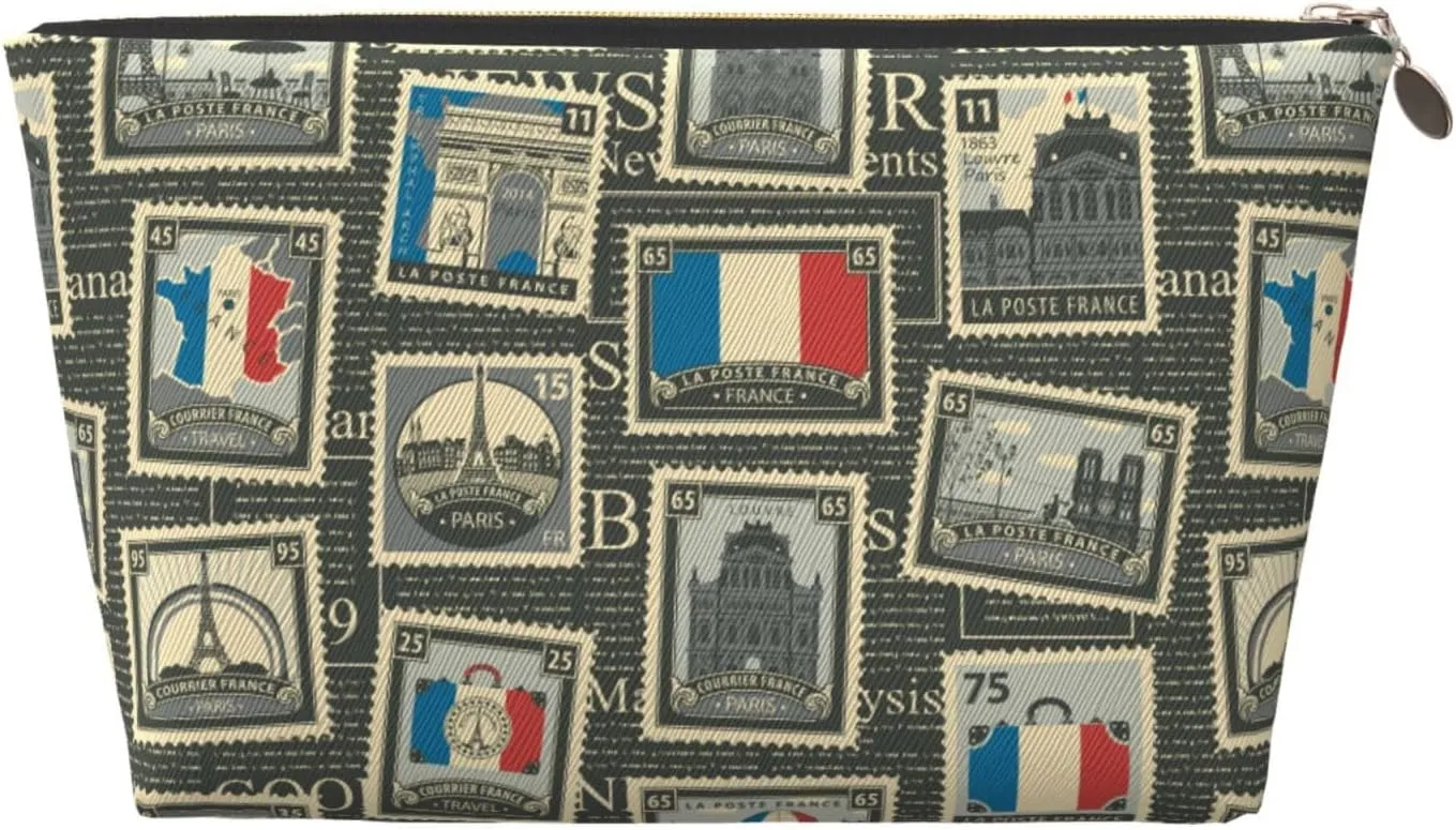 France And Paris Postage Stamps Retro Small Makeup Bag For Purse,Leather Cosmetic Bags For Girls Women Zipper Travel Toiletry Pouch Makeup Bags