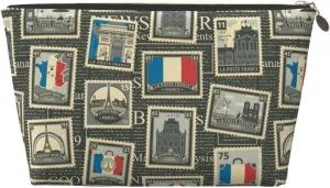 France And Paris Postage Stamps Retro Small Makeup Bag For Purse,Leather Cosmetic Bags For Girls Women Zipper Travel Toiletry Pouch Makeup Bags