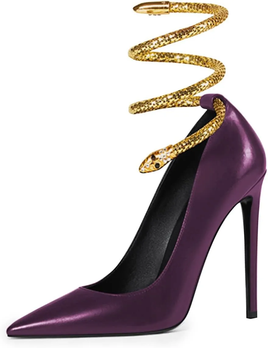 FSJ Women's Sexy High Heels Pointed Toe Stilletos Pumps with Gold Metal Snake Spiral Around The Ankle Heeled Dress Party Pumps Shoes Size 4-15 US