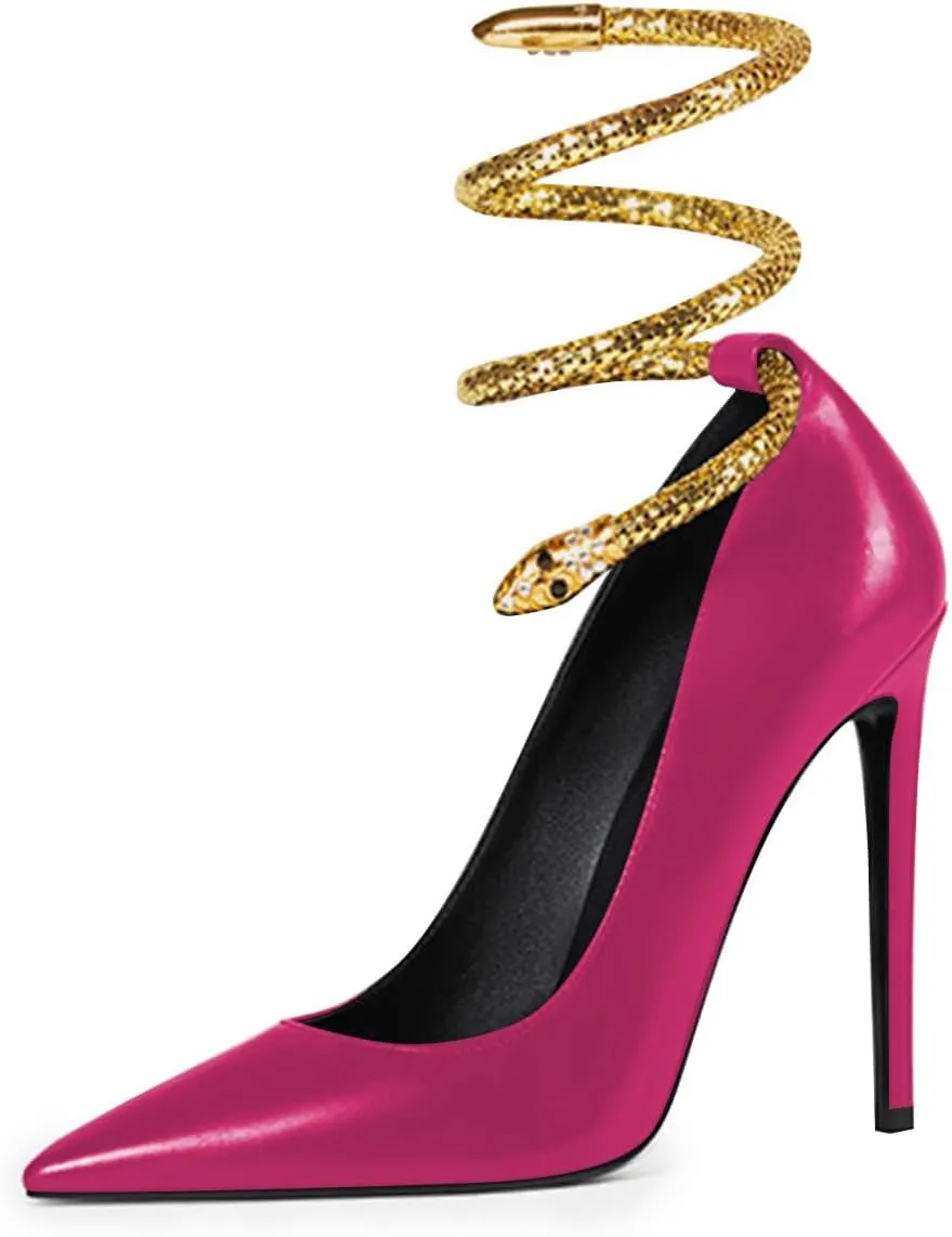 FSJ Women's Sexy High Heels Pointed Toe Stilletos Pumps with Gold Metal Snake Spiral Around The Ankle Heeled Dress Party Pumps Shoes Size 4-15 US