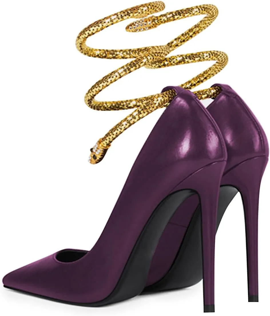 FSJ Women's Sexy High Heels Pointed Toe Stilletos Pumps with Gold Metal Snake Spiral Around The Ankle Heeled Dress Party Pumps Shoes Size 4-15 US
