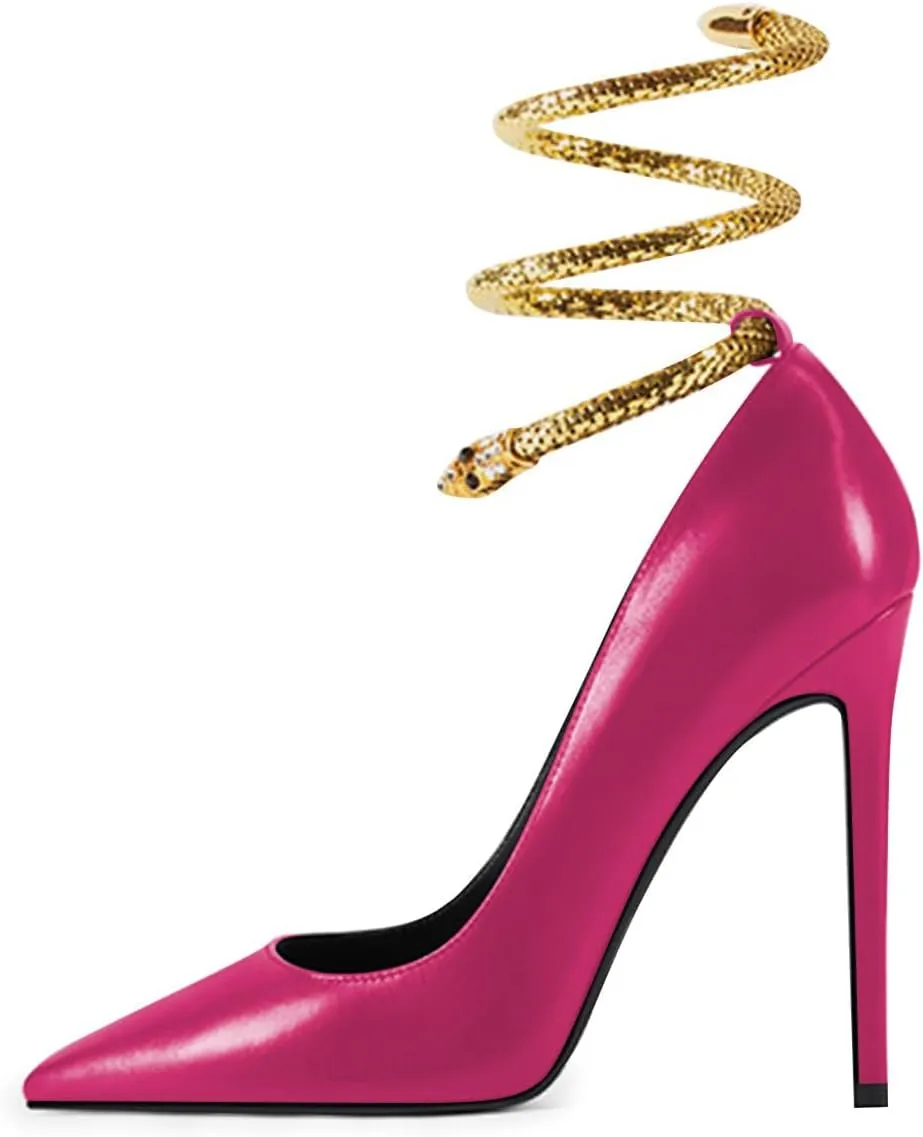 FSJ Women's Sexy High Heels Pointed Toe Stilletos Pumps with Gold Metal Snake Spiral Around The Ankle Heeled Dress Party Pumps Shoes Size 4-15 US