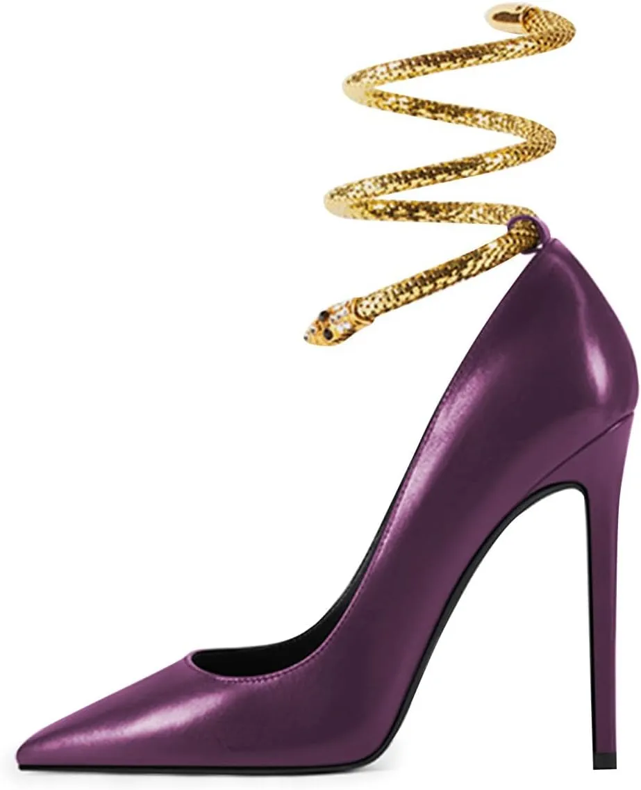FSJ Women's Sexy High Heels Pointed Toe Stilletos Pumps with Gold Metal Snake Spiral Around The Ankle Heeled Dress Party Pumps Shoes Size 4-15 US