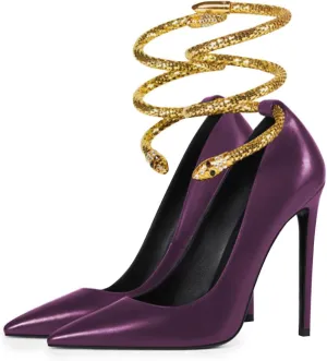 FSJ Women's Sexy High Heels Pointed Toe Stilletos Pumps with Gold Metal Snake Spiral Around The Ankle Heeled Dress Party Pumps Shoes Size 4-15 US