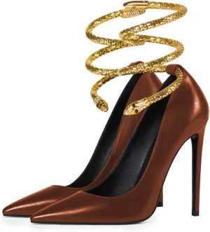 FSJ Women's Sexy High Heels Pointed Toe Stilletos Pumps with Gold Metal Snake Spiral Around The Ankle Heeled Dress Party Pumps Shoes Size 4-15 US