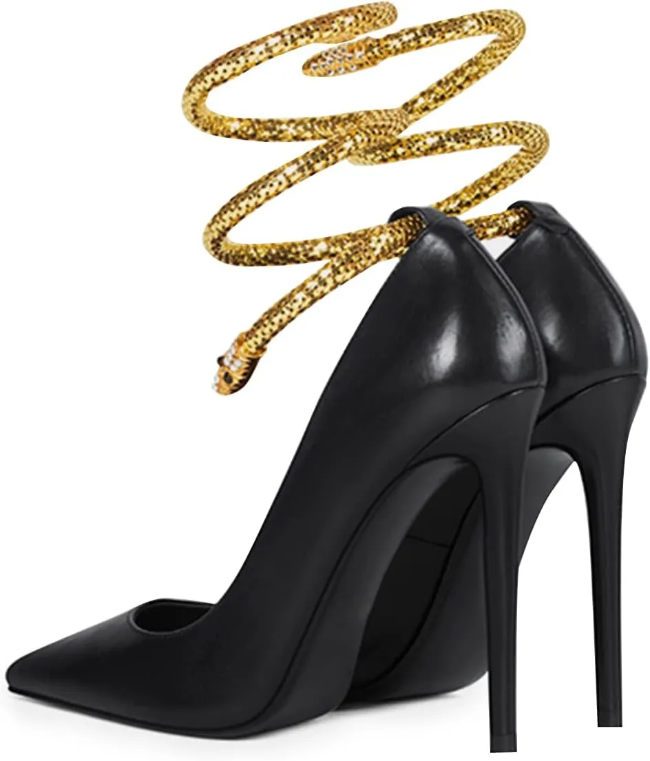 FSJ Women's Sexy High Heels Pointed Toe Stilletos Pumps with Gold Metal Snake Spiral Around The Ankle Heeled Dress Party Pumps Shoes Size 4-15 US