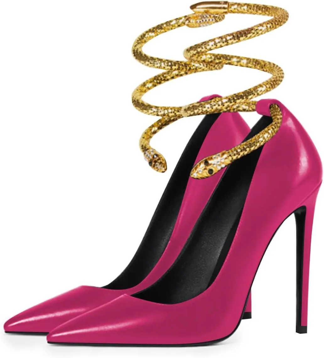 FSJ Women's Sexy High Heels Pointed Toe Stilletos Pumps with Gold Metal Snake Spiral Around The Ankle Heeled Dress Party Pumps Shoes Size 4-15 US