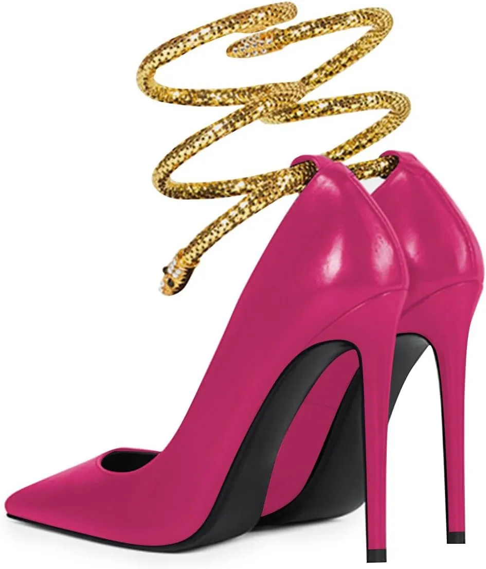 FSJ Women's Sexy High Heels Pointed Toe Stilletos Pumps with Gold Metal Snake Spiral Around The Ankle Heeled Dress Party Pumps Shoes Size 4-15 US